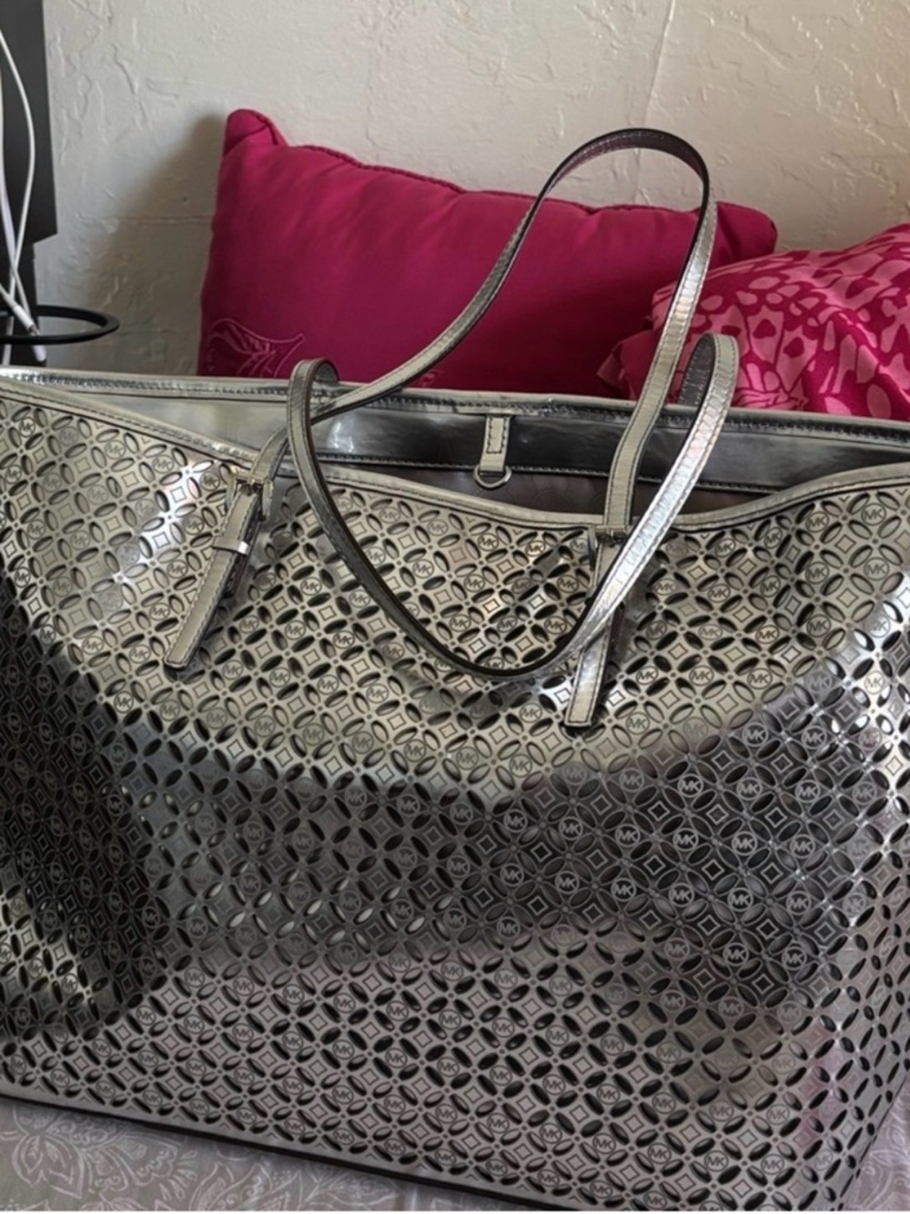 Michael Kors Metallic Silver Laser-Cut Tote